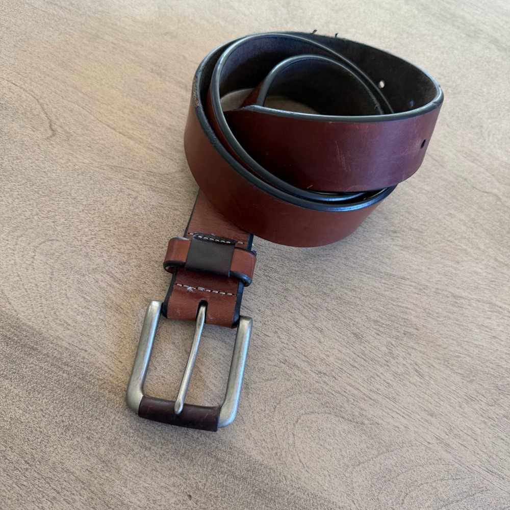 Johnston & Murphy Mens Cognac Brown Leather Belt Size 36 75-7321 Brushed Buckle